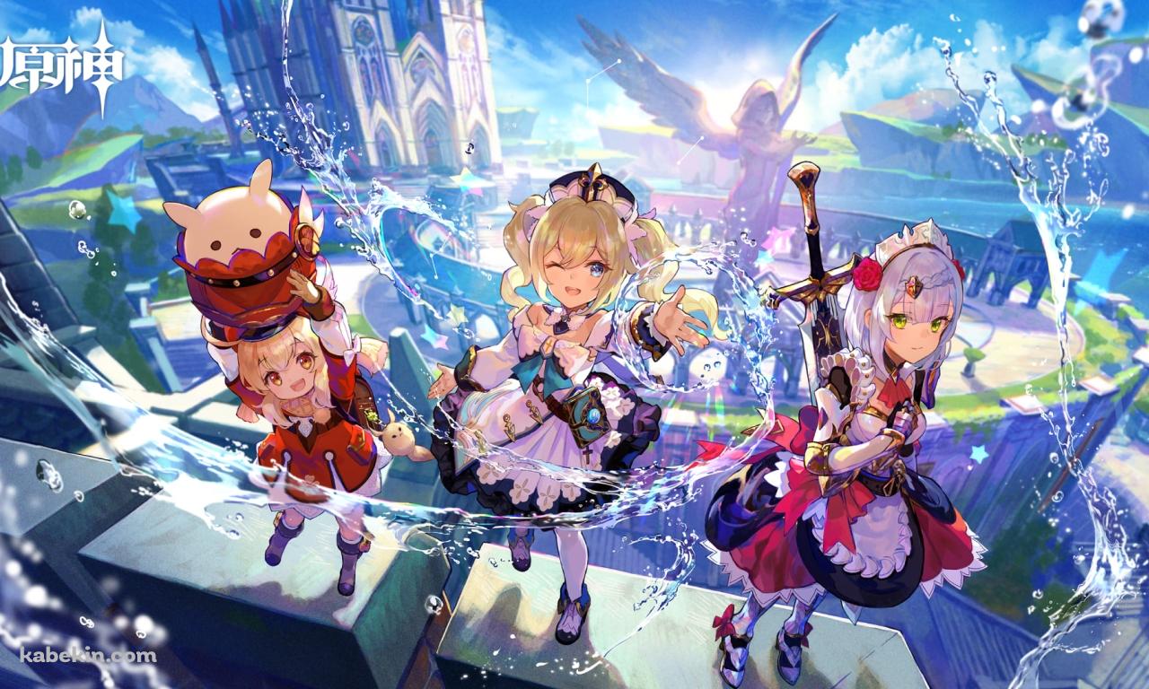 ドドコを掲げるクレー / ウィンクをするバーバラ / 大剣を背中に背負うノエル / 原神の壁紙(1280px x 768px) 高画質 PC・デスクトップ用