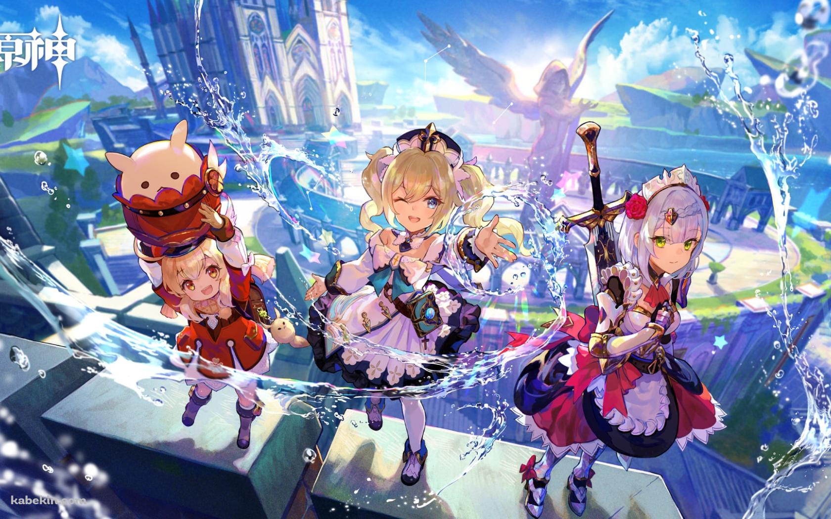 ドドコを掲げるクレー / ウィンクをするバーバラ / 大剣を背中に背負うノエル / 原神の壁紙(1680px x 1050px) 高画質 PC・デスクトップ用