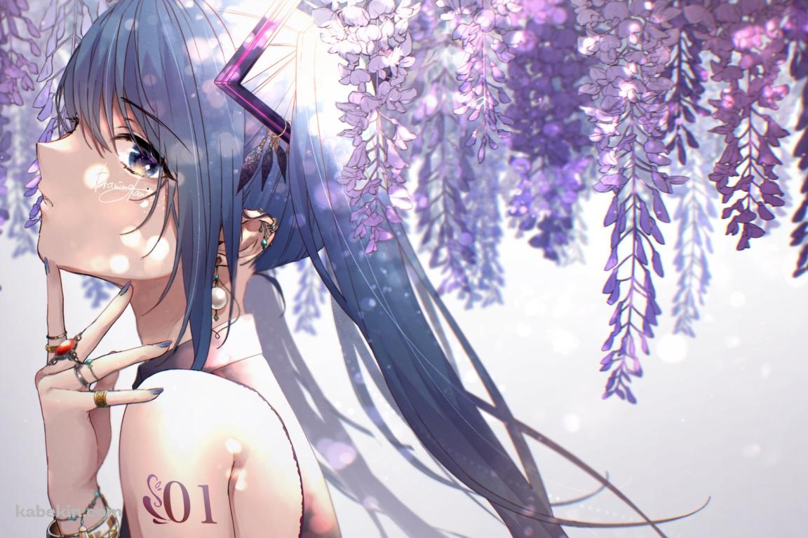 藤の花と首元に指をあてる綺麗な初音ミク / ボカロ / ボーカロイドの壁紙(1152px x 768px) 高画質 PC・デスクトップ用