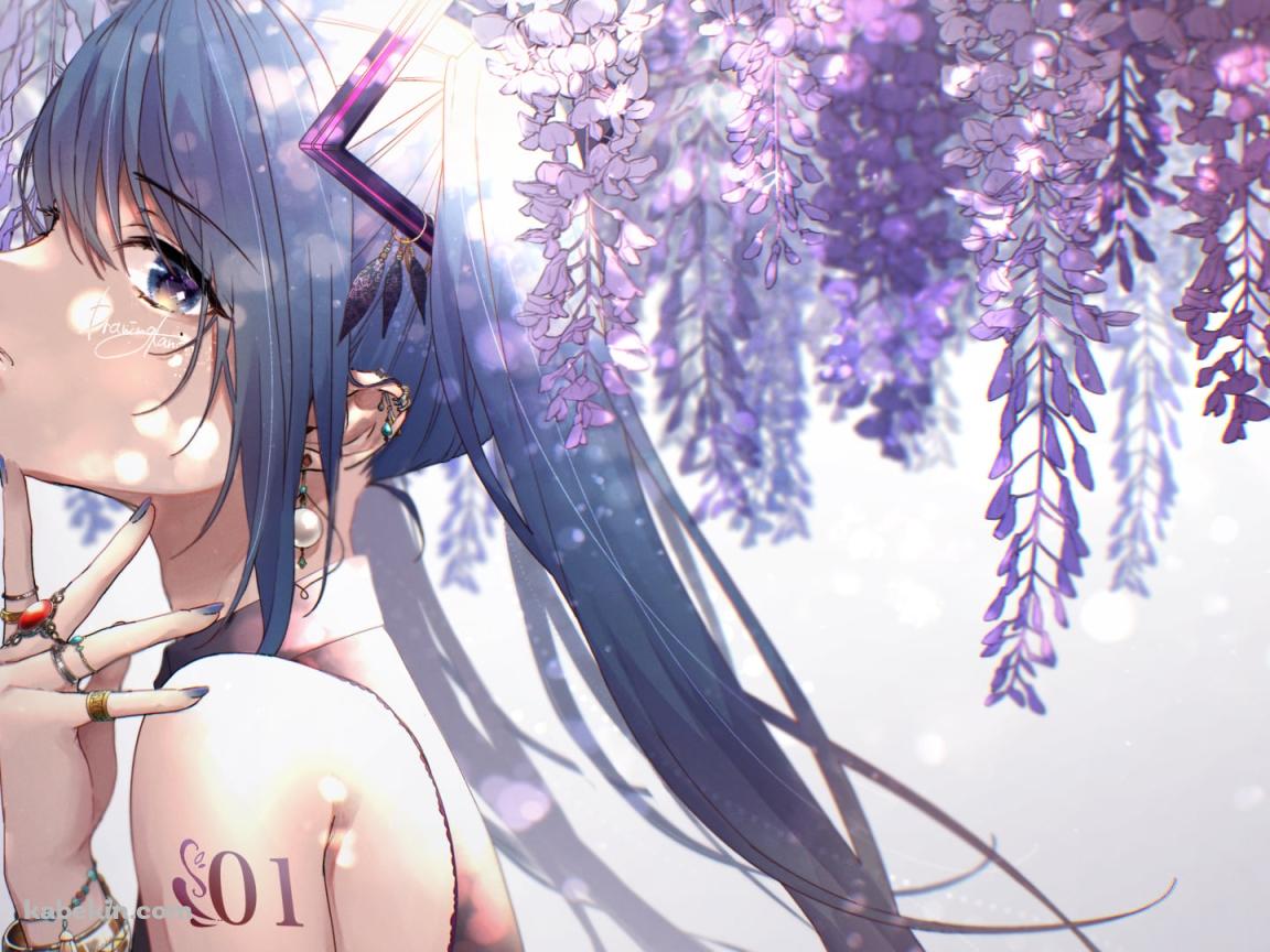 藤の花と首元に指をあてる綺麗な初音ミク / ボカロ / ボーカロイドの壁紙(1152px x 864px) 高画質 PC・デスクトップ用