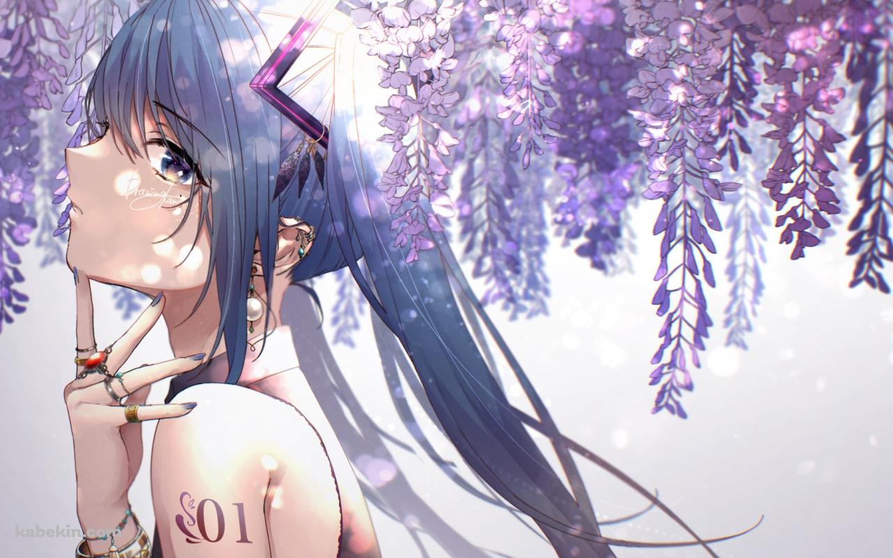 藤の花と首元に指をあてる綺麗な初音ミク / ボカロ / ボーカロイドの壁紙(1280px x 800px) 高画質 PC・デスクトップ用