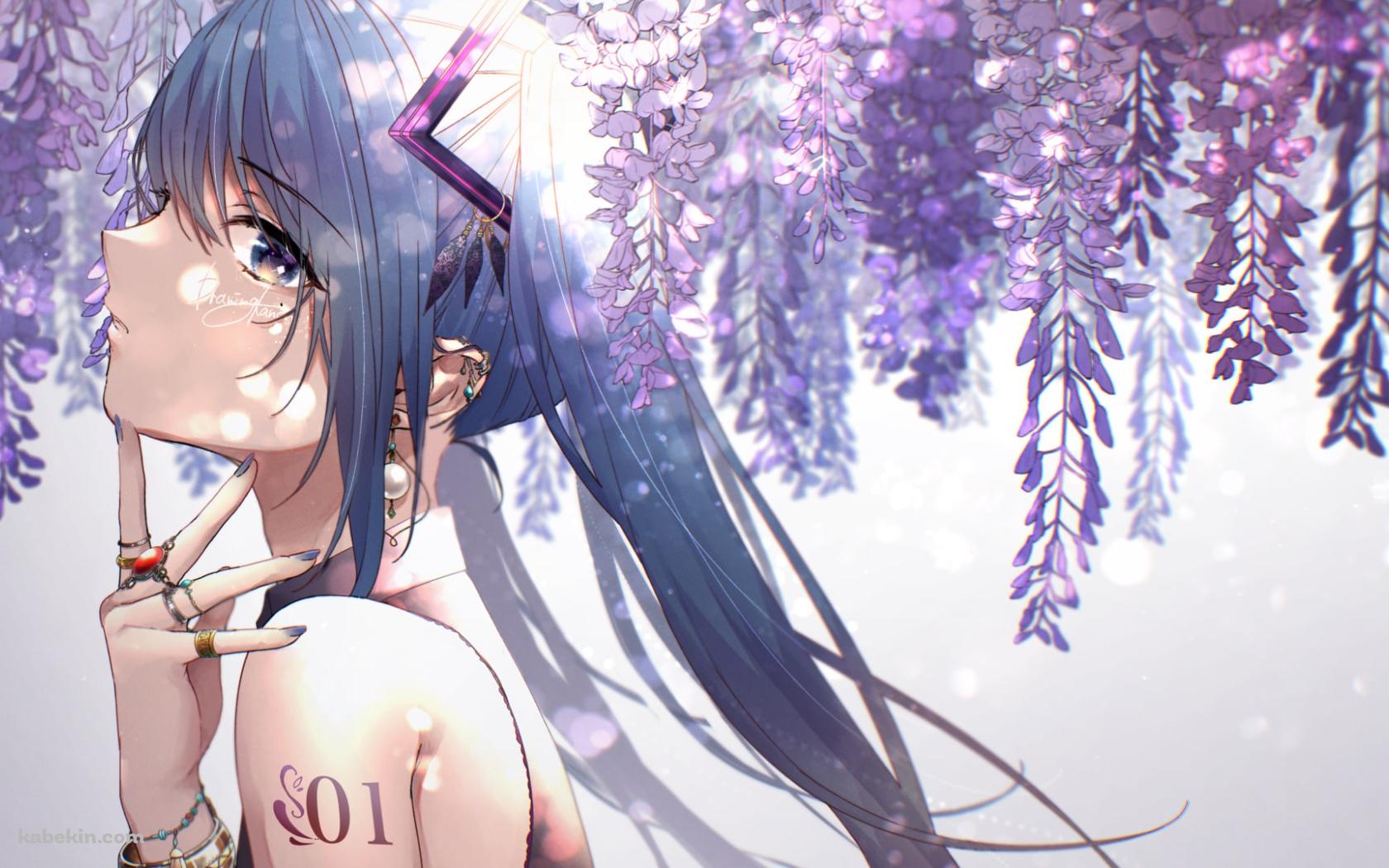 藤の花と首元に指をあてる綺麗な初音ミク / ボカロ / ボーカロイドの壁紙(1680px x 1050px) 高画質 PC・デスクトップ用