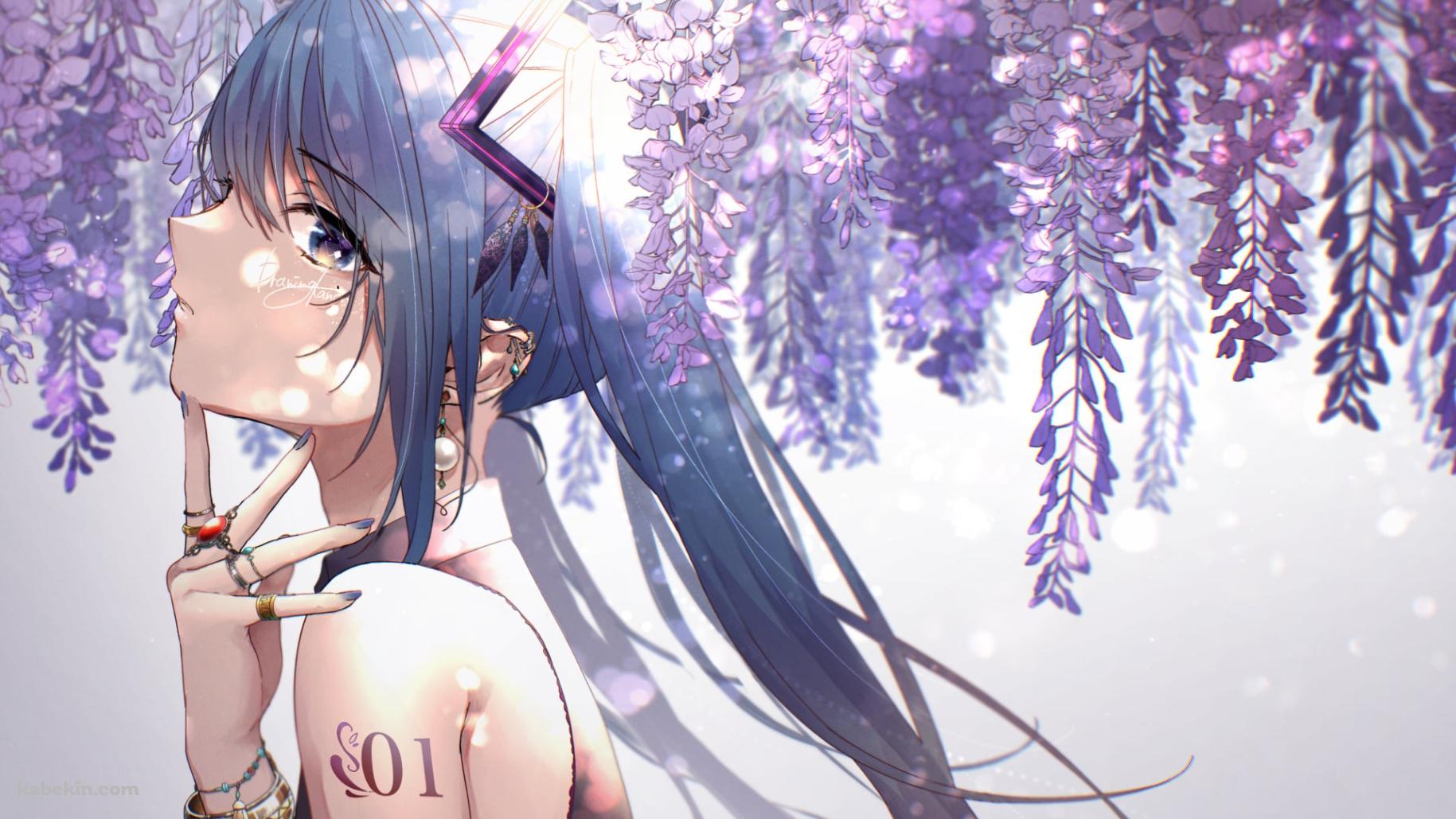 藤の花と首元に指をあてる綺麗な初音ミク / ボカロ / ボーカロイドの壁紙(1829px x 1029px) 高画質 PC・デスクトップ用