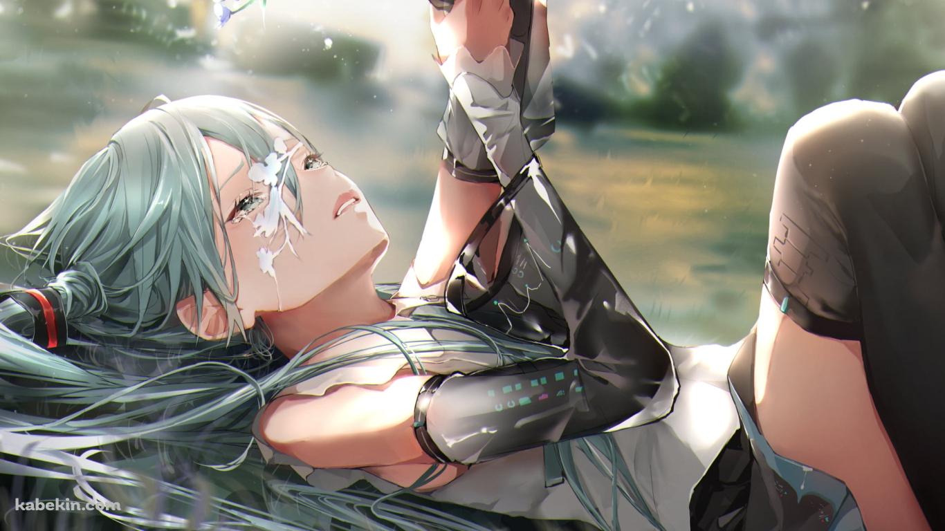 水の上に寝転ぶ綺麗な初音ミク / ボカロ / ボーカロイドの壁紙(1366px x 768px) 高画質 PC・デスクトップ用