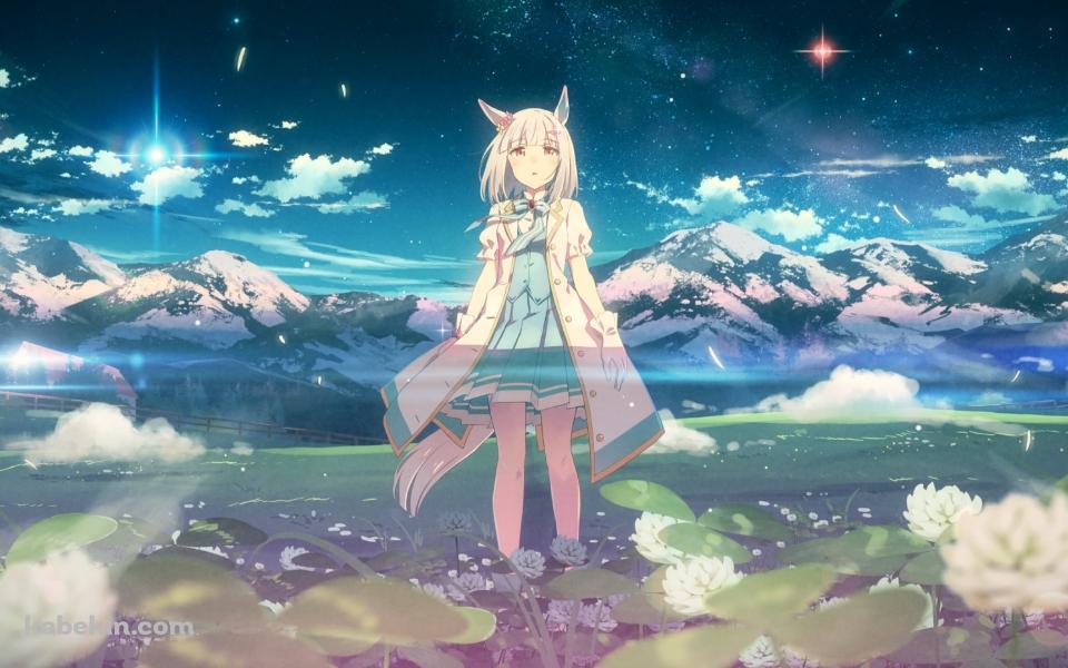 白い花が咲く中に佇む可愛いハッピーウィーク / 雪山 / ウマ娘プリティーダービーの壁紙(960px x 600px) 高画質 PC・デスクトップ用