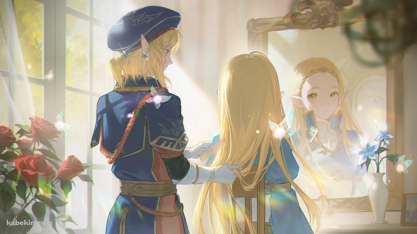 ゼルダ姫の髪をとかすリンク / ゼルダの伝説 ブレス オブ ザ ワイルドの壁紙(1391px x 783px) 高画質 PC・デスクトップ用