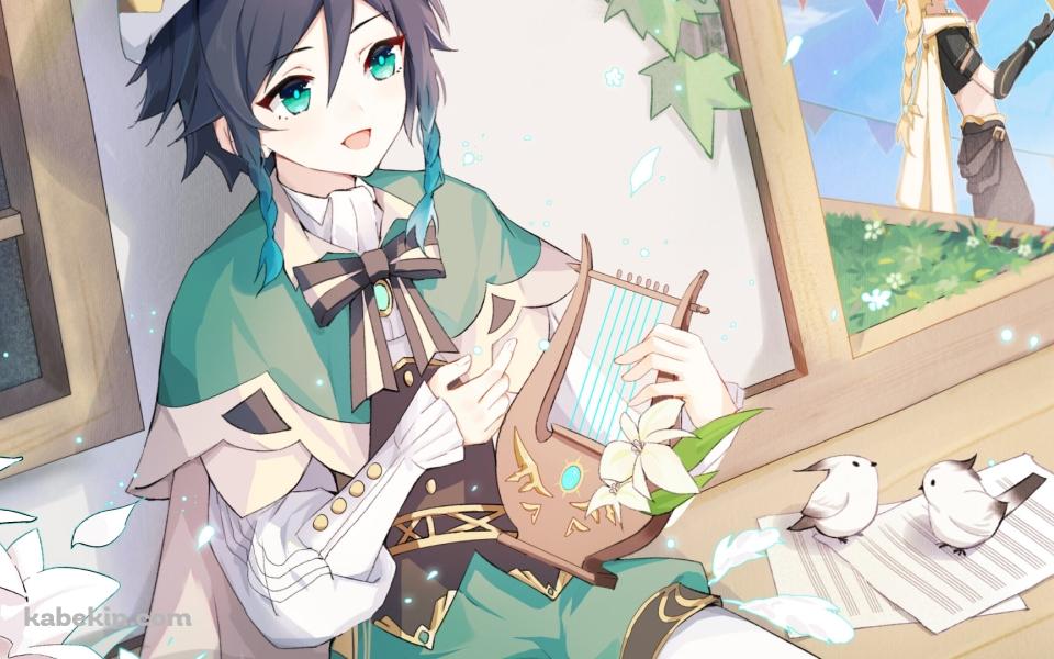 木の椅子に座り竪琴を弾くウェンティ / 楽譜の上の白と茶色の鳥 / 原神の壁紙(960px x 600px) 高画質 PC・デスクトップ用