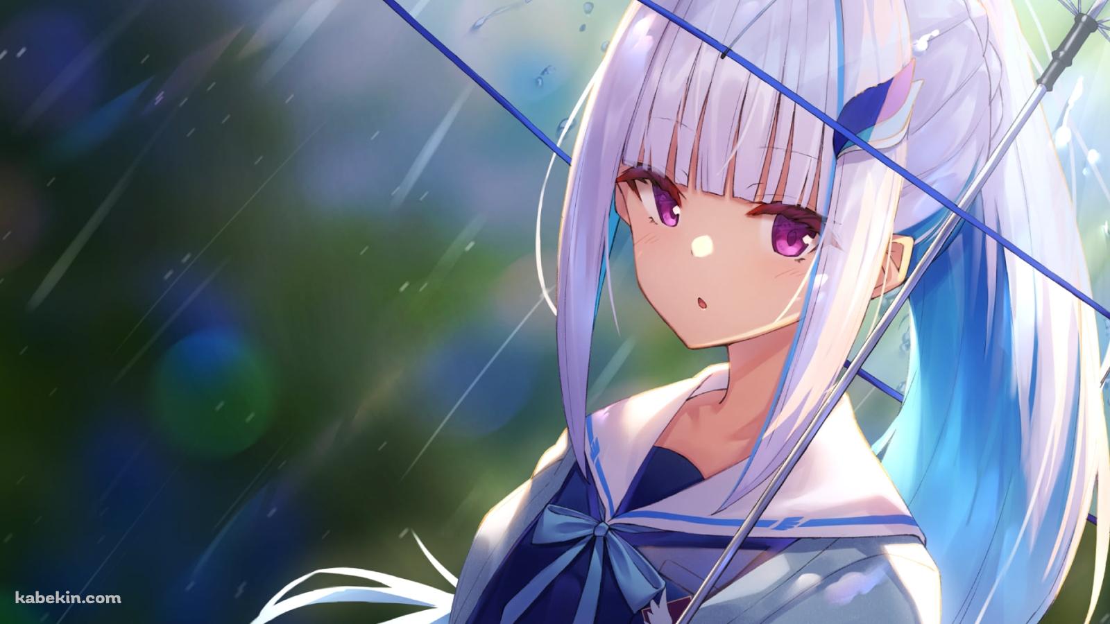 雨の中、青い縁のビニール傘をさすリゼ・ヘルエスタ / にじさんじ / バーチャルYouTuber / Vtuberの壁紙(1600px x 900px) 高画質 PC・デスクトップ用
