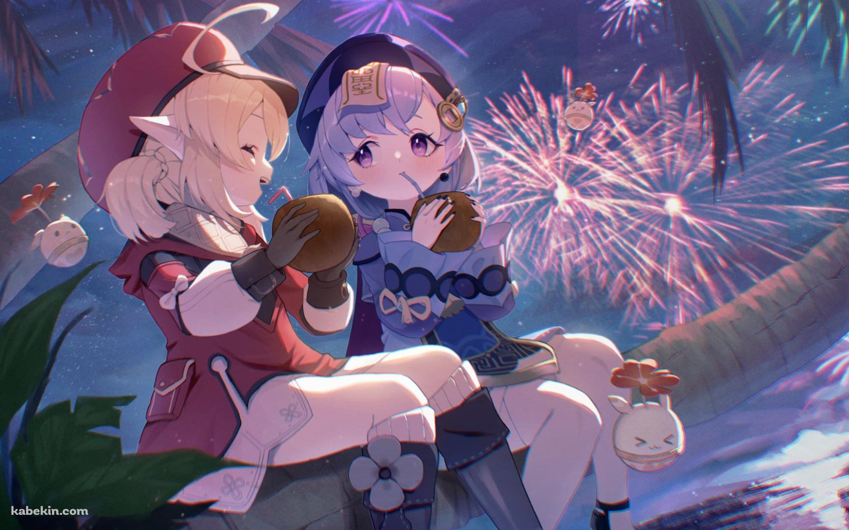 椰子の木に乗ってココナッツジュースを飲むクレーと七七 / 花火 / 海 / 原神の壁紙(1680px x 1050px) 高画質 PC・デスクトップ用