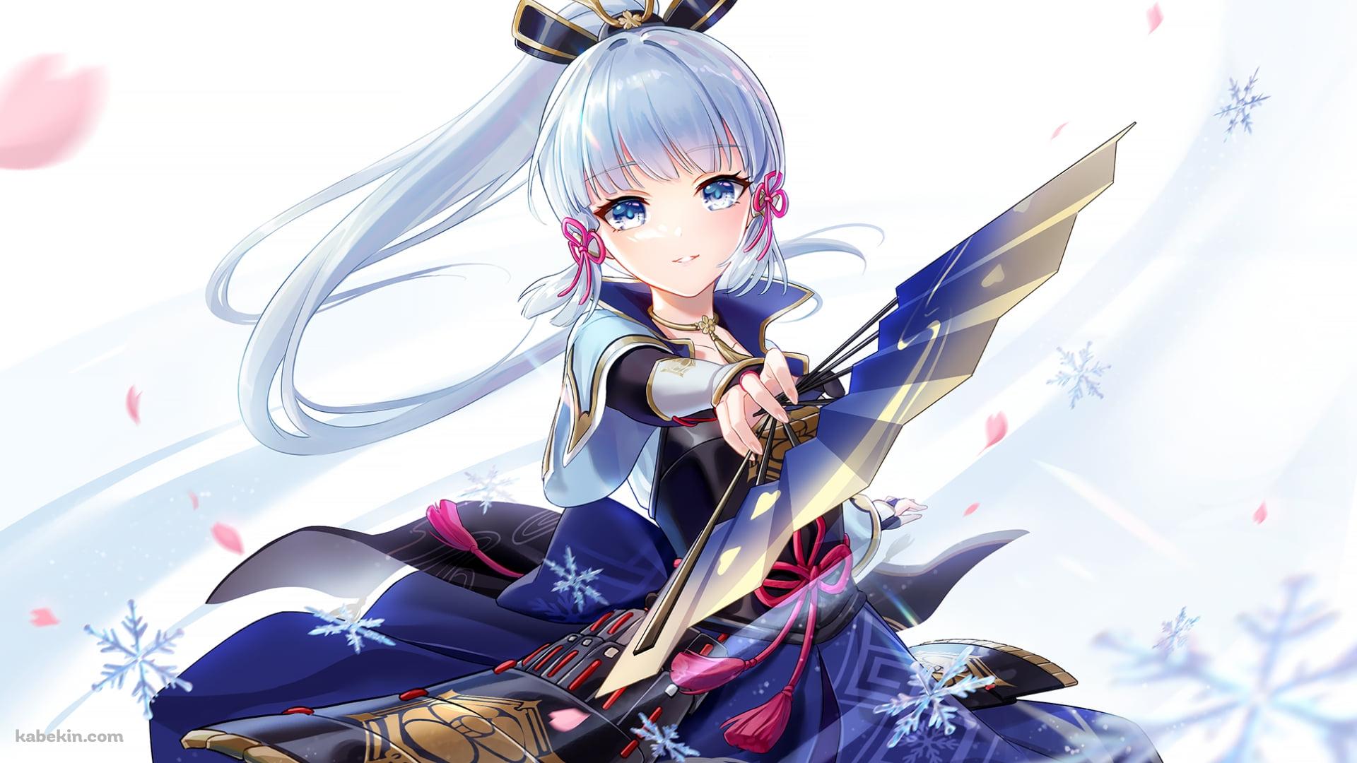 青い扇子をかざす神里綾華 / 舞う桜の花びらと氷の結晶 / 原神の壁紙(1920px x 1080px) 高画質 PC・デスクトップ用