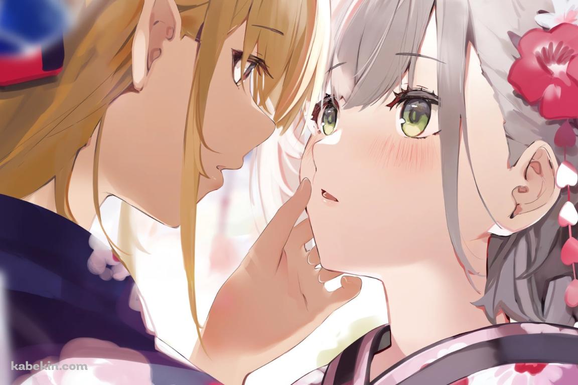 見つめ合う着物を着た可愛い白銀ノエルと不知火フレア / ホロライブ / バーチャルYouTuber / Vtuberの壁紙(1152px x 768px) 高画質 PC・デスクトップ用