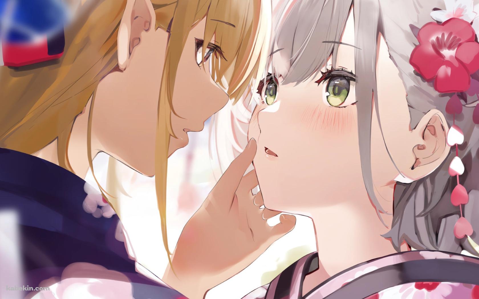 見つめ合う着物を着た可愛い白銀ノエルと不知火フレア / ホロライブ / バーチャルYouTuber / Vtuberの壁紙(1680px x 1050px) 高画質 PC・デスクトップ用