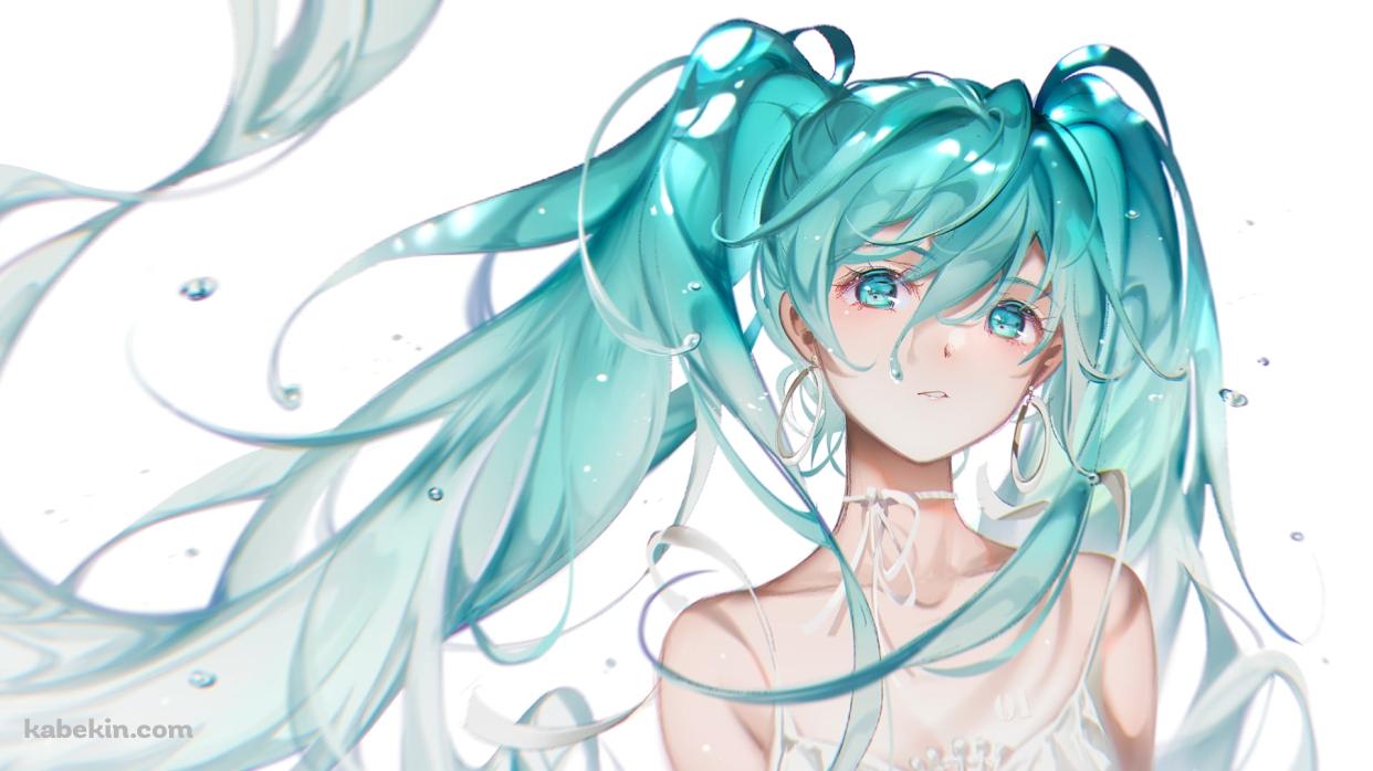 水滴と白い服を着た初音ミク / ボカロ / ボーカロイドの壁紙(1242px x 698px) 高画質 PC・デスクトップ用