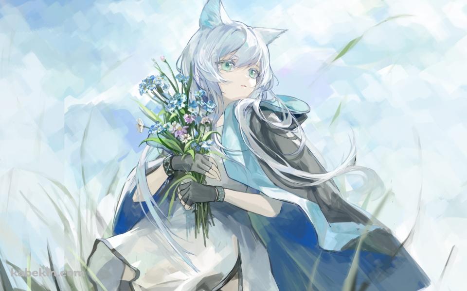 草原で青・紫の花を摘むロスモンティス / アークナイツの壁紙(960px x 600px) 高画質 PC・デスクトップ用