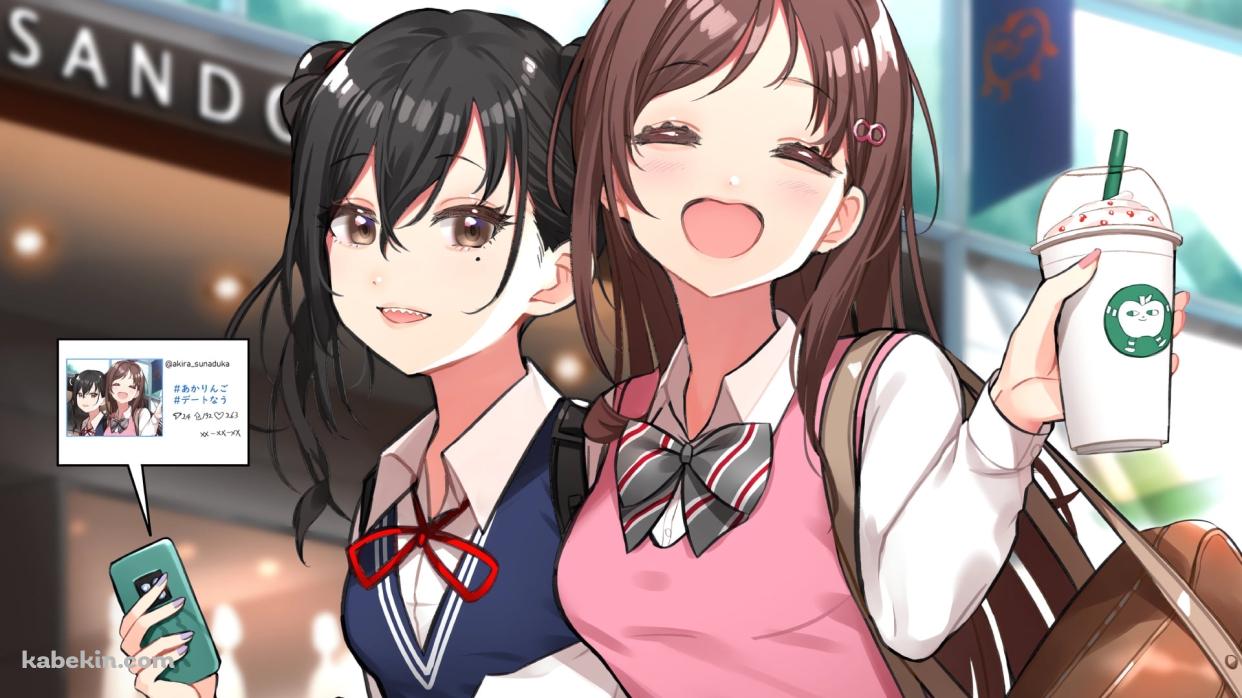 手をつないで下校中の砂塚あきらと辻野あかり / アイドルマスターシンデレラガールズの壁紙(1242px x 698px) 高画質 PC・デスクトップ用