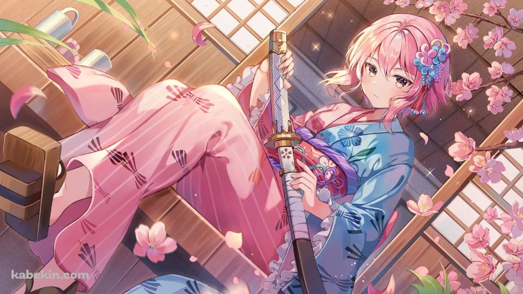 縁側に座り白い刀の柄に手をかけるピンクの着物を着たヒイロ / 桜の花 / 木の下駄 / 白夜極光の壁紙(1024px x 576px) 高画質 PC・デスクトップ用