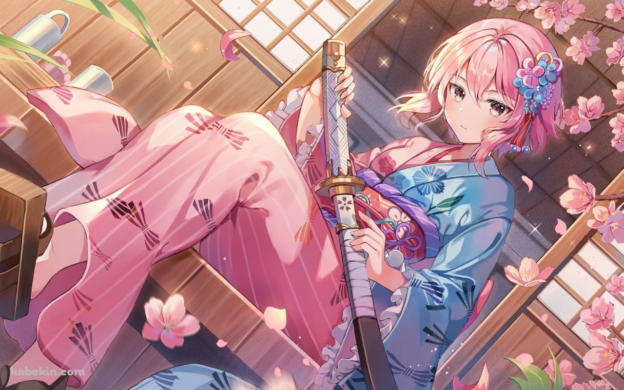 縁側に座り白い刀の柄に手をかけるピンクの着物を着たヒイロ / 桜の花 / 木の下駄 / 白夜極光の壁紙(1280px x 800px) 高画質 PC・デスクトップ用
