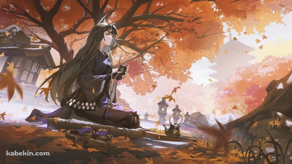 紅葉の下で正座をしてお茶を飲むサガ / アークナイツの壁紙(1024px x 576px) 高画質 PC・デスクトップ用