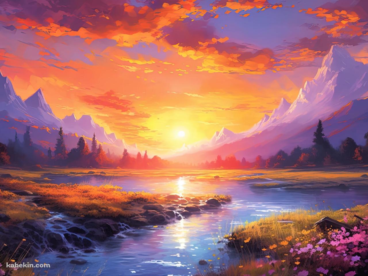 夕暮れと雪山と川のせせらぎとピンクの花の壁紙(1280px x 960px) 高画質 PC・デスクトップ用