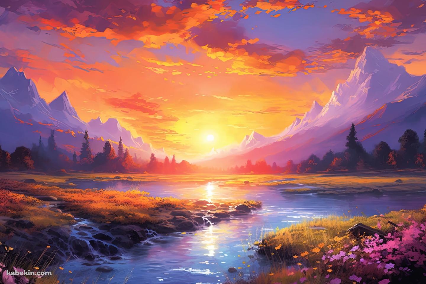 夕暮れと雪山と川のせせらぎとピンクの花の壁紙(1440px x 960px) 高画質 PC・デスクトップ用