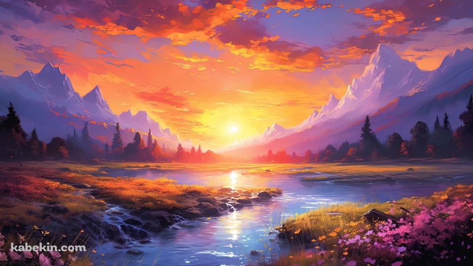 夕暮れと雪山と川のせせらぎとピンクの花の壁紙(960px x 540px) 高画質 PC・デスクトップ用