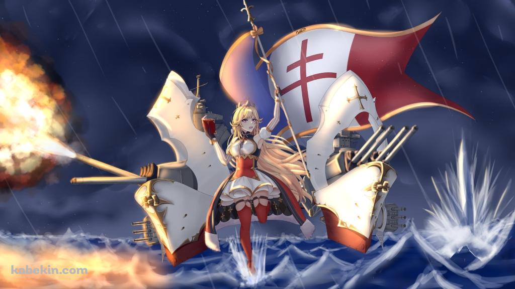 雨の中、海上で攻撃するリシュリュー / アズールレーンの壁紙(1024px x 576px) 高画質 PC・デスクトップ用