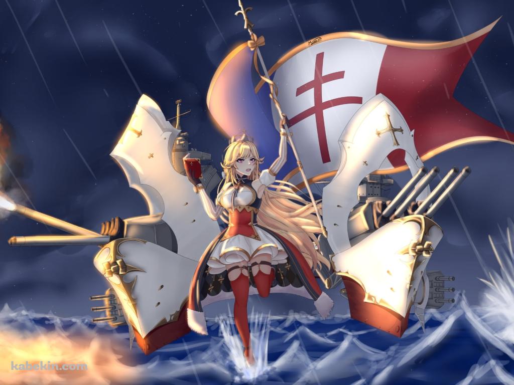 雨の中、海上で攻撃するリシュリュー / アズールレーンの壁紙(1024px x 768px) 高画質 PC・デスクトップ用