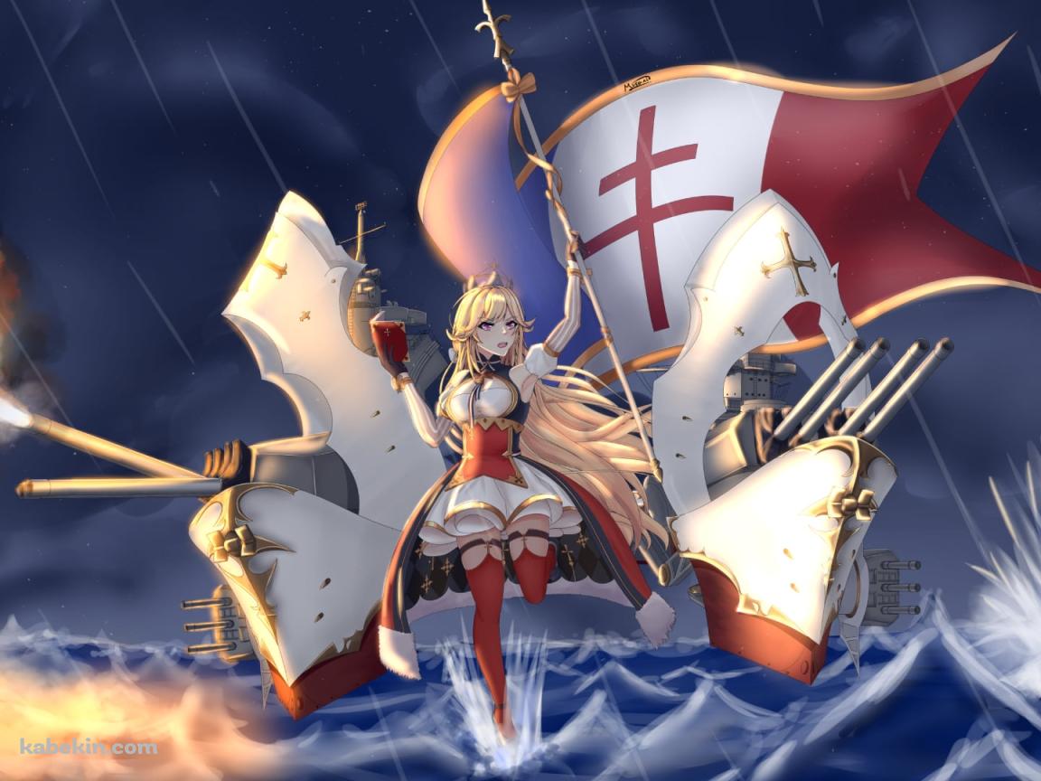 雨の中、海上で攻撃するリシュリュー / アズールレーンの壁紙(1152px x 864px) 高画質 PC・デスクトップ用