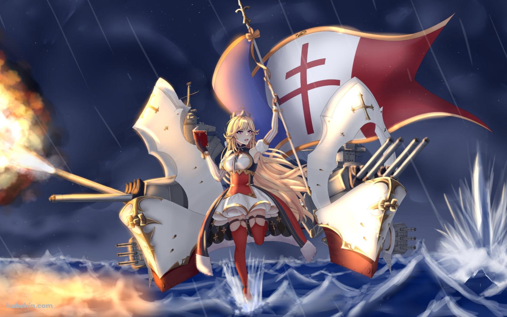 雨の中、海上で攻撃するリシュリュー / アズールレーンの壁紙(1680px x 1050px) 高画質 PC・デスクトップ用