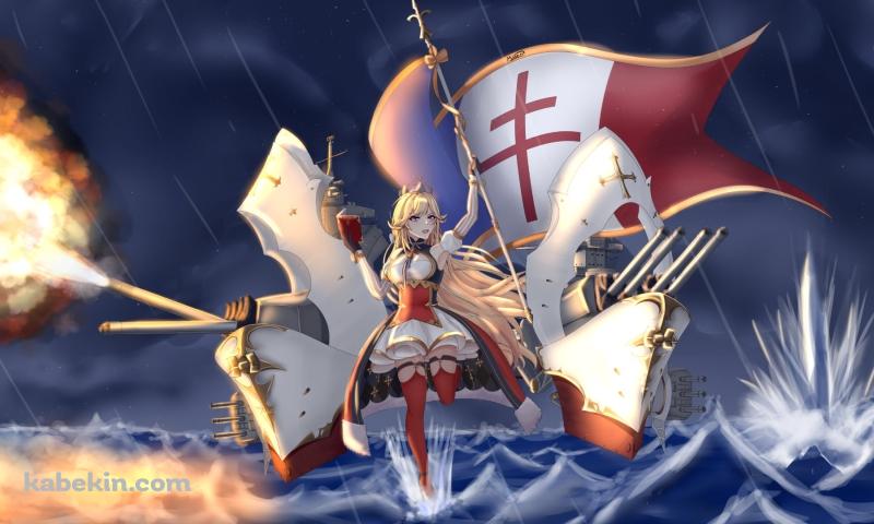 雨の中、海上で攻撃するリシュリュー / アズールレーンの壁紙(800px x 480px) 高画質 PC・デスクトップ用
