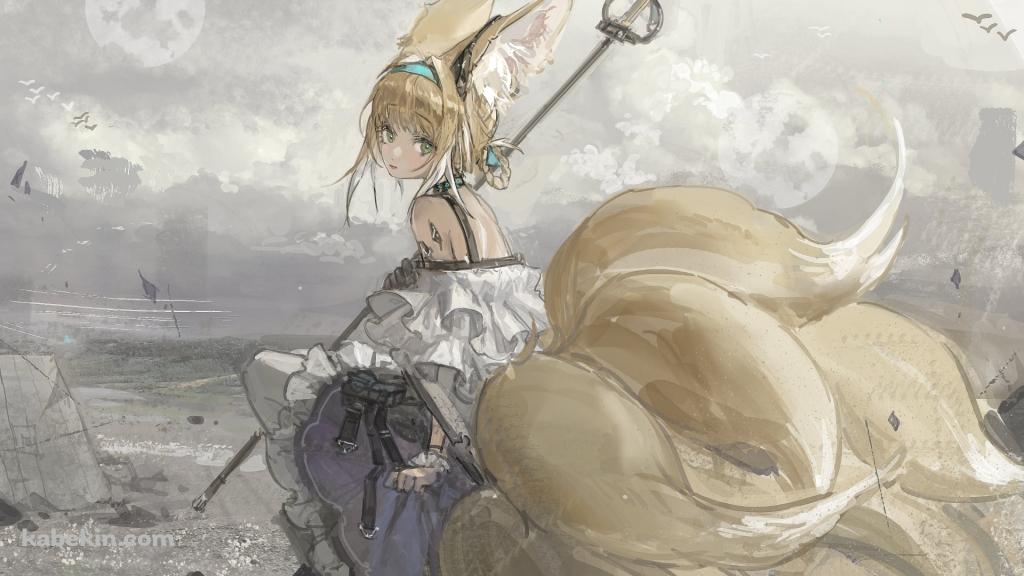 海外の砂浜に座るスズラン / アークナイツの壁紙(1024px x 576px) 高画質 PC・デスクトップ用