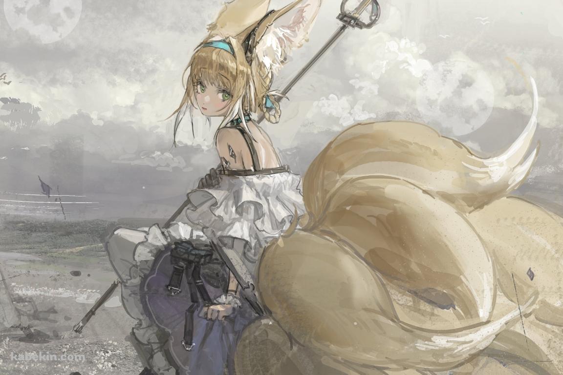 海外の砂浜に座るスズラン / アークナイツの壁紙(1152px x 768px) 高画質 PC・デスクトップ用