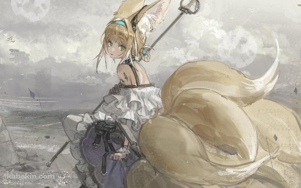 海外の砂浜に座るスズラン / アークナイツの壁紙(960px x 600px) 高画質 PC・デスクトップ用