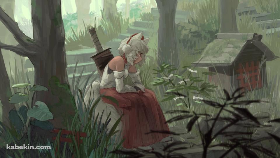 大剣を背負い岩に座る犬走椛(いぬばしりもみじ) / 東方の壁紙(960px x 540px) 高画質 PC・デスクトップ用