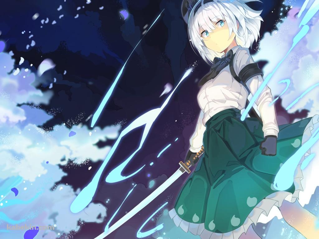 日本刀を持つ魂魄妖夢（こんぱく ようむ） / 白い木 / 東方の壁紙(1024px x 768px) 高画質 PC・デスクトップ用