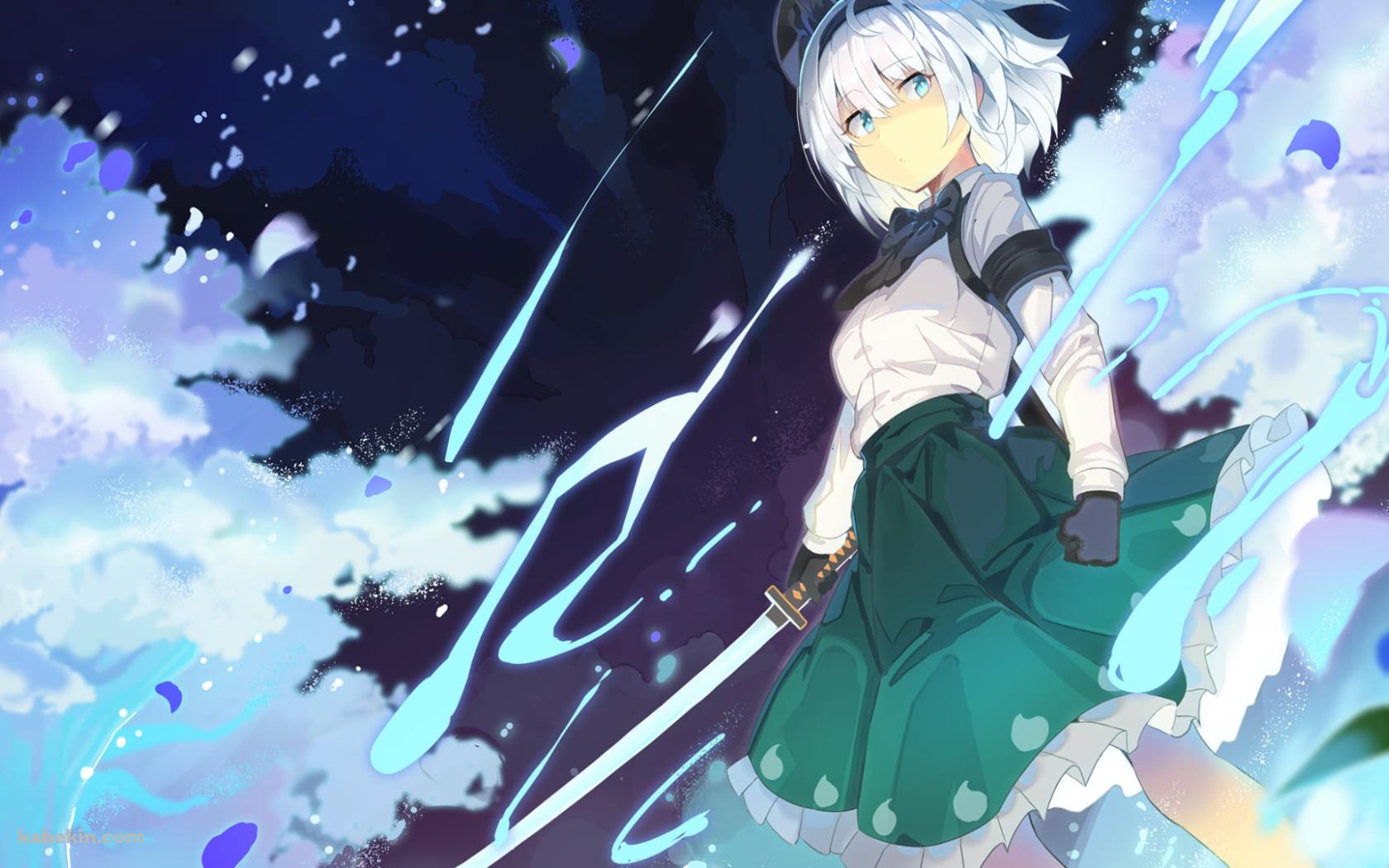 日本刀を持つ魂魄妖夢（こんぱく ようむ） / 白い木 / 東方の壁紙(1680px x 1050px) 高画質 PC・デスクトップ用