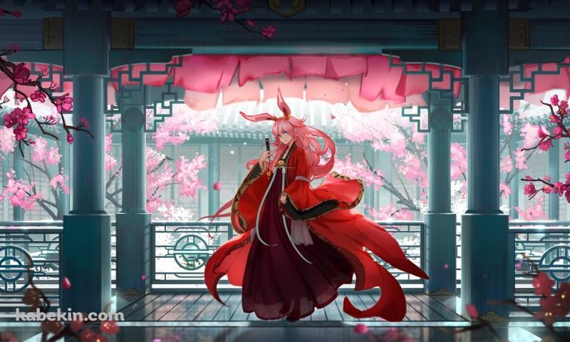 庭園に桜や梅が咲く綺麗な屋敷に佇む八重桜 / 崩壊学園 / 崩壊3rd / 崩坏3rdの壁紙(800px x 480px) 高画質 PC・デスクトップ用