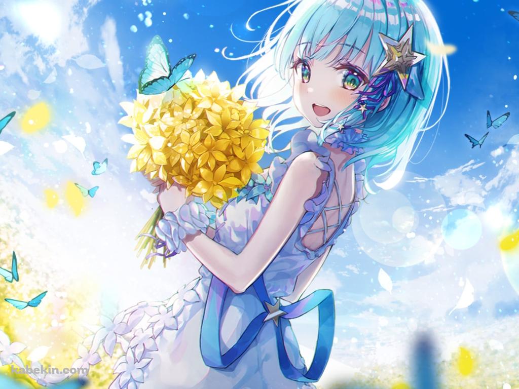 黄色い花束を持つ笑顔の星村ほたる / 青い蝶 / 村長Vtuberの壁紙(1024px x 768px) 高画質 PC・デスクトップ用