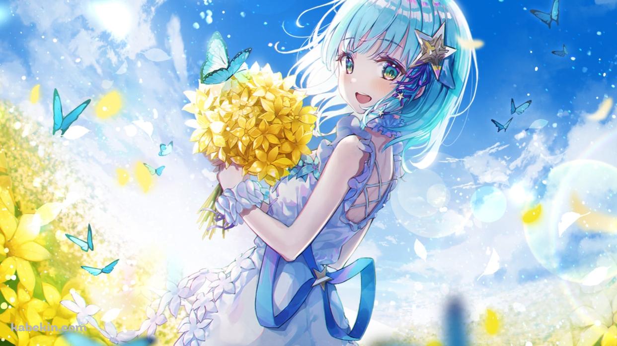 黄色い花束を持つ笑顔の星村ほたる / 青い蝶 / 村長Vtuberの壁紙(1242px x 698px) 高画質 PC・デスクトップ用