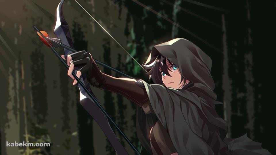 黒いフードを被って弓矢を構えるかっこいいメテオ / アークナイツの壁紙(960px x 540px) 高画質 PC・デスクトップ用