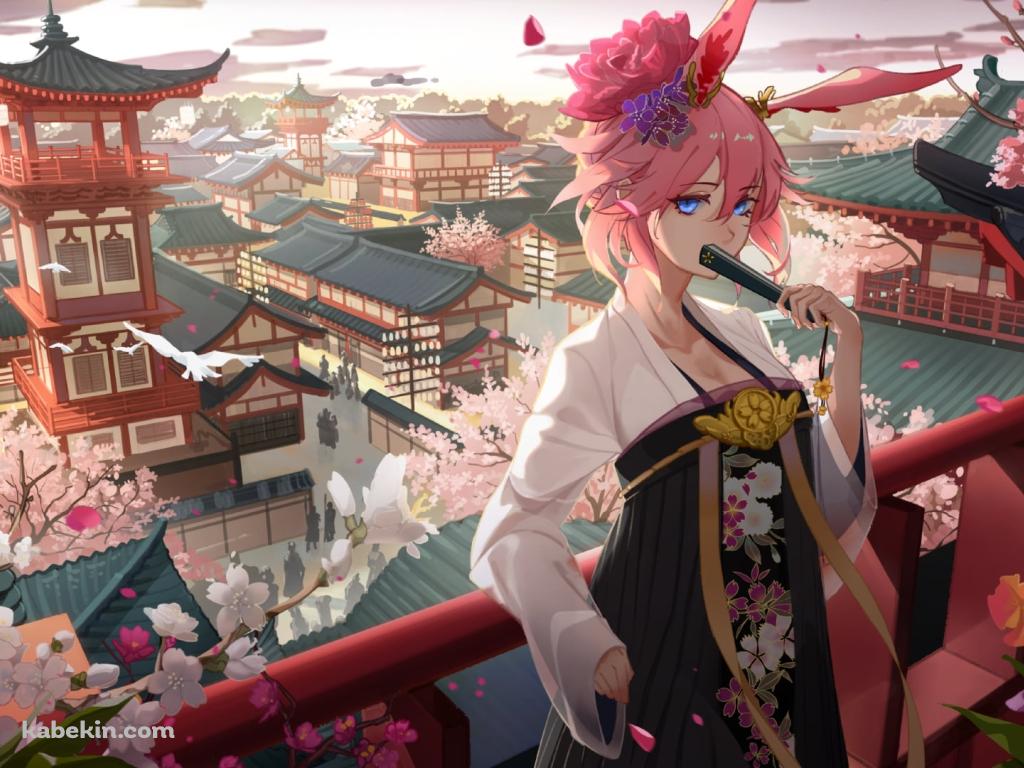 中国の街並みと扇子を持つ八重桜 / 崩壊学園 / 崩壊3rd / 崩坏3rdの壁紙(1024px x 768px) 高画質 PC・デスクトップ用
