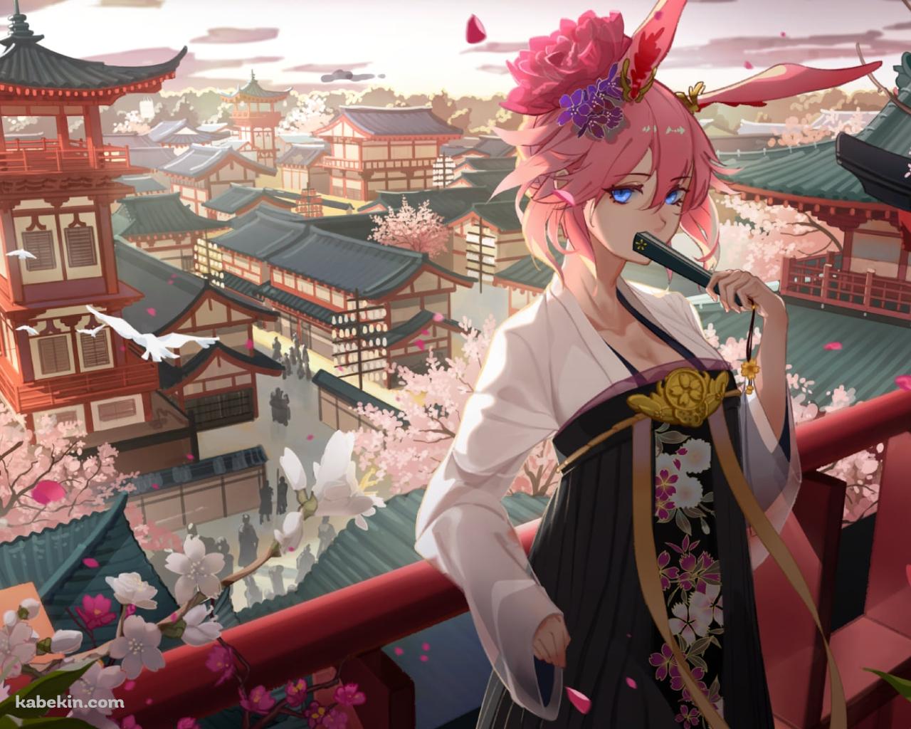 中国の街並みと扇子を持つ八重桜 / 崩壊学園 / 崩壊3rd / 崩坏3rdの壁紙(1280px x 1024px) 高画質 PC・デスクトップ用