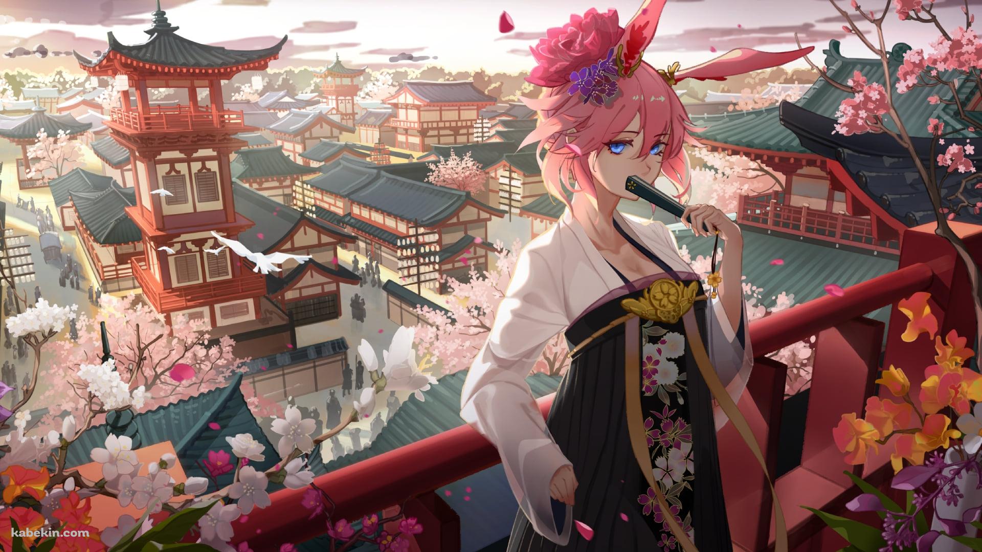 中国の街並みと扇子を持つ八重桜 / 崩壊学園 / 崩壊3rd / 崩坏3rdの壁紙(1920px x 1080px) 高画質 PC・デスクトップ用