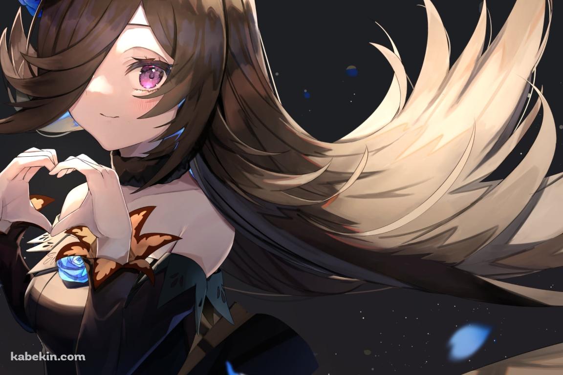 両手でハートを作り微笑むライスシャワー / 黒いドレス / 青い花のブローチ / ウマ娘プリティーダービーの壁紙(1152px x 768px) 高画質 PC・デスクトップ用