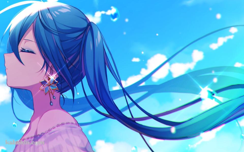 青いイヤリングをした初音ミク / ボカロ / ボーカロイドの壁紙(960px x 600px) 高画質 PC・デスクトップ用