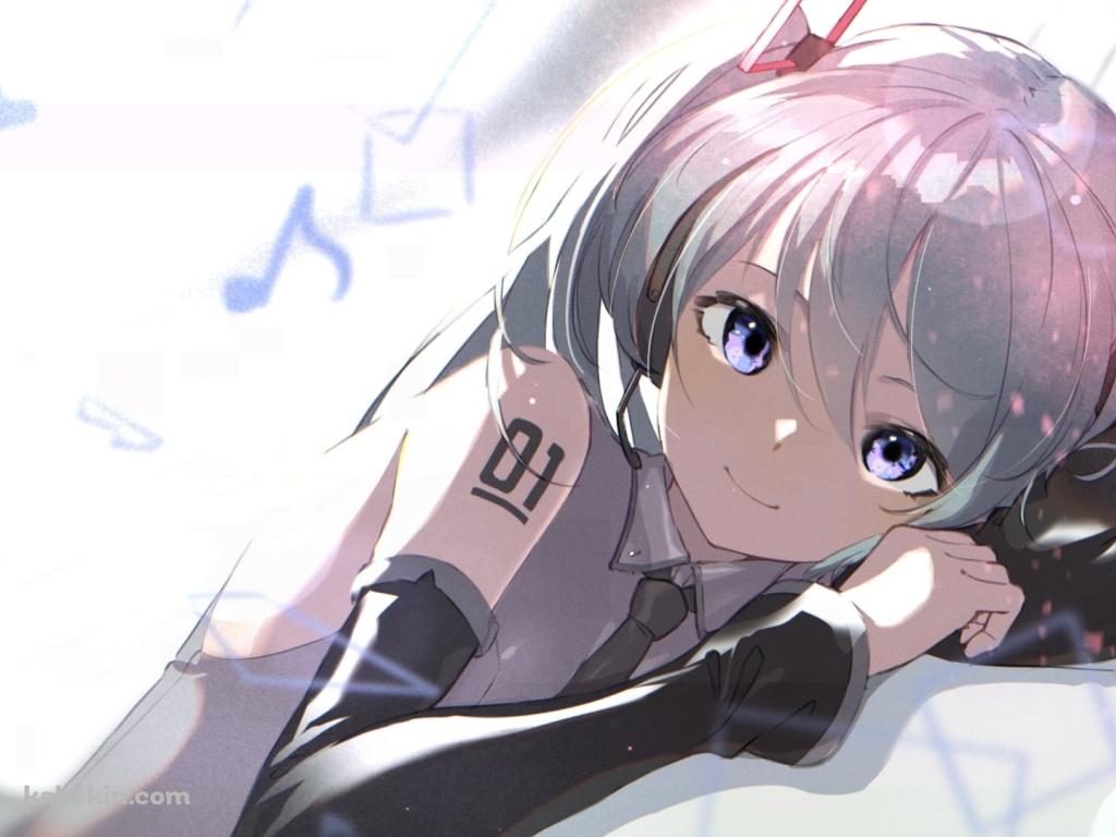 寝ながら微笑む初音ミク / 音符 / ボカロ / ボーカロイドの壁紙(1024px x 768px) 高画質 PC・デスクトップ用