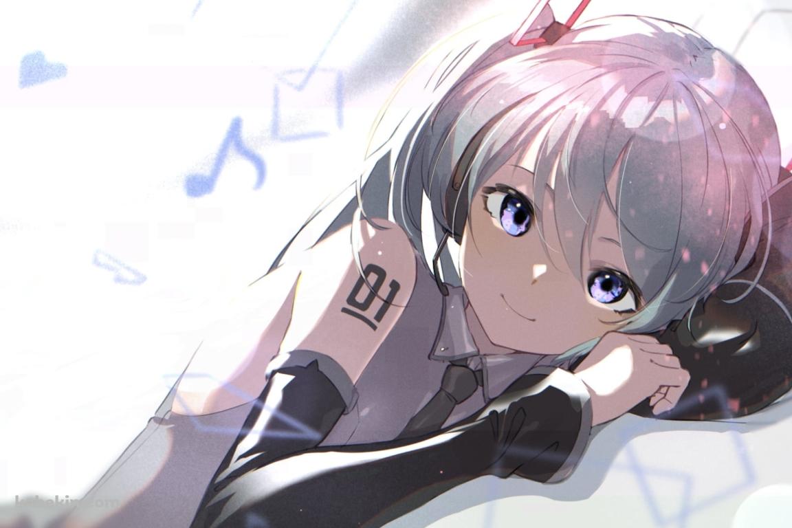寝ながら微笑む初音ミク / 音符 / ボカロ / ボーカロイドの壁紙(1152px x 768px) 高画質 PC・デスクトップ用