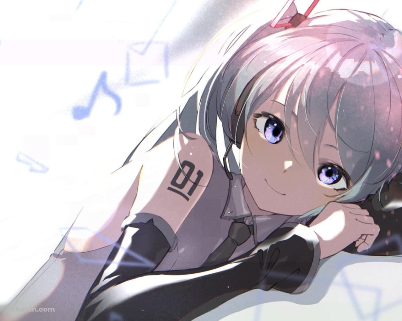寝ながら微笑む初音ミク / 音符 / ボカロ / ボーカロイドの壁紙(1280px x 1024px) 高画質 PC・デスクトップ用