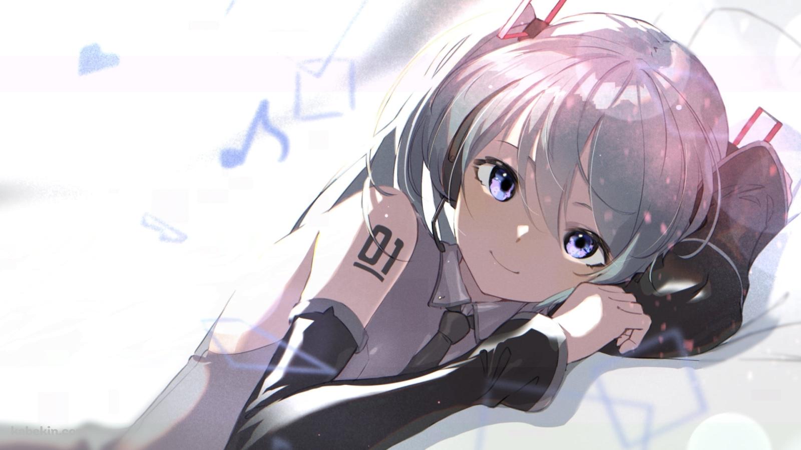 寝ながら微笑む初音ミク / 音符 / ボカロ / ボーカロイドの壁紙(1600px x 900px) 高画質 PC・デスクトップ用