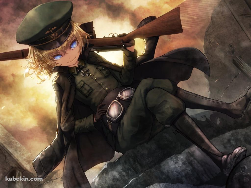 座って銃を肩にかけるターニャ・デグレチャフの壁紙(1024px x 768px) 高画質 PC・デスクトップ用